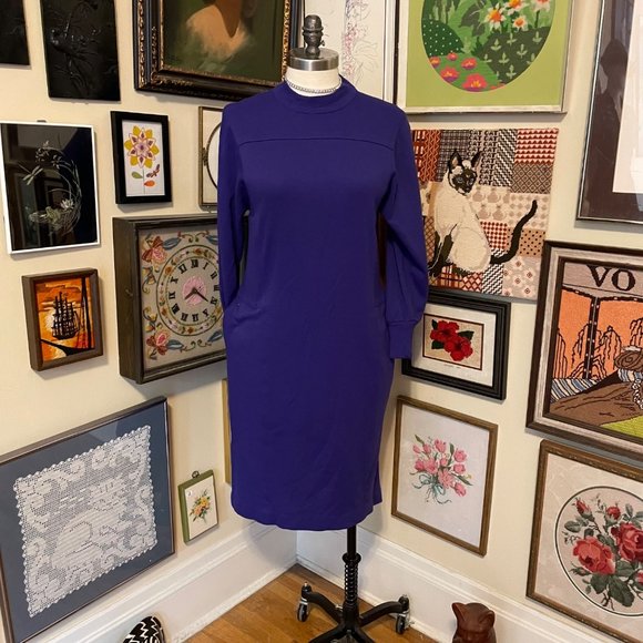 80s Vintage Ilse M California Royal Purple Sweatshirt Terry Long Sleeve Dress L - Picture 2 of 6